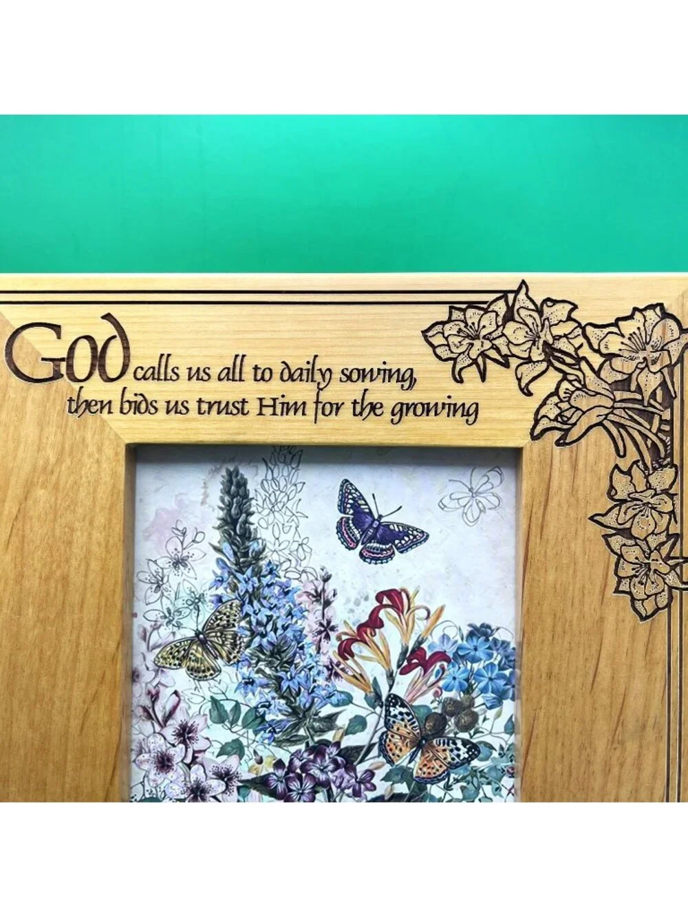 Harmony Creek Picture Frame Wood Engraved Butterflies Floral Christian 4x6 Photo